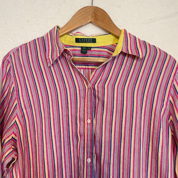 Lauren Ralph Lauren Blouse 100% Linen Multicolor Striped Long Sleeve Button Up - Picture 3 of 15